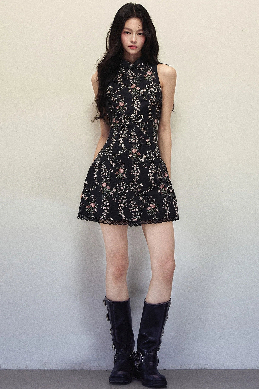 Floral Print Stand Collar Sleeveless Dress
