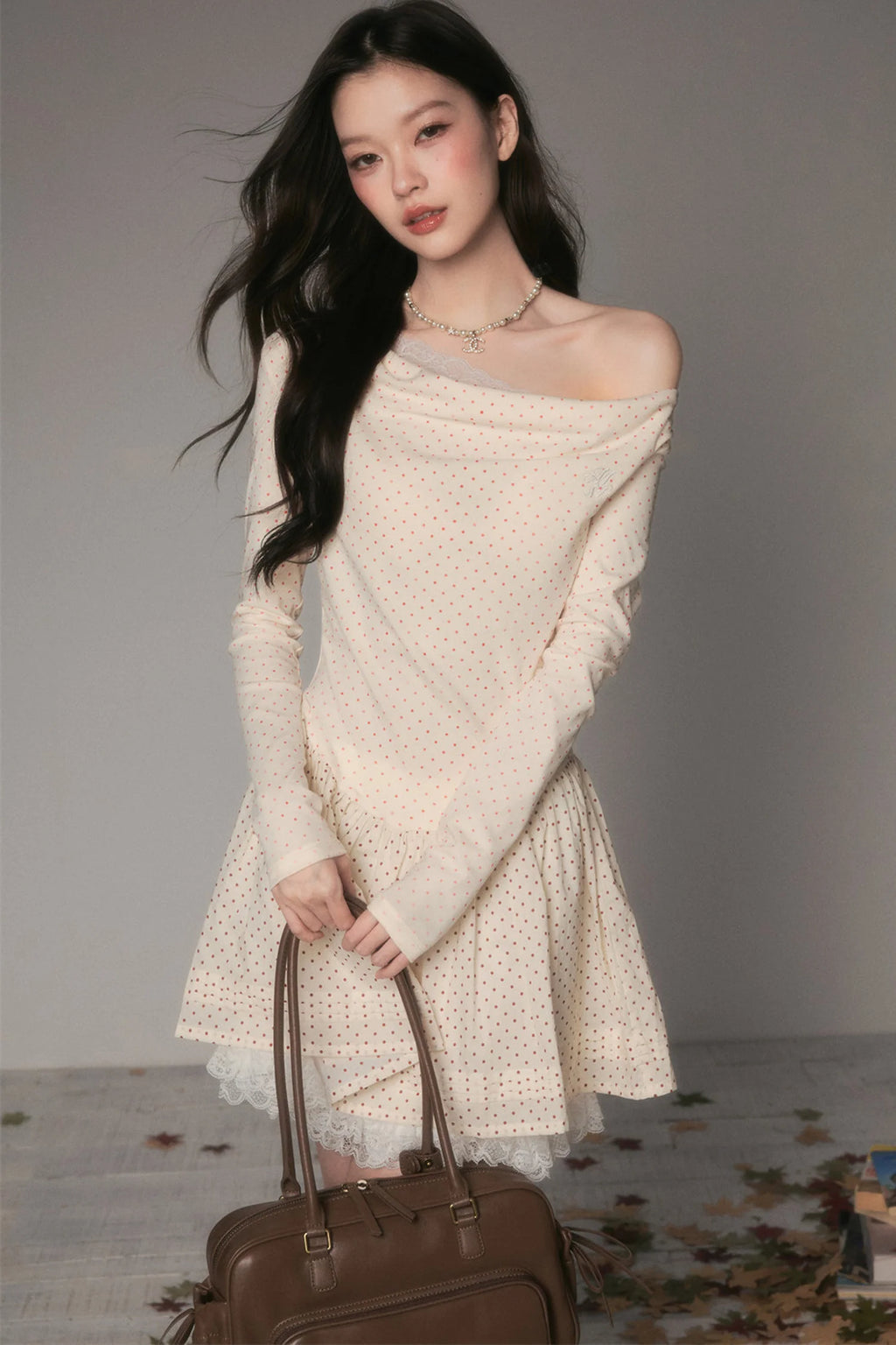 Off-Shoulder Polka Dot Lace Patchwork Dress