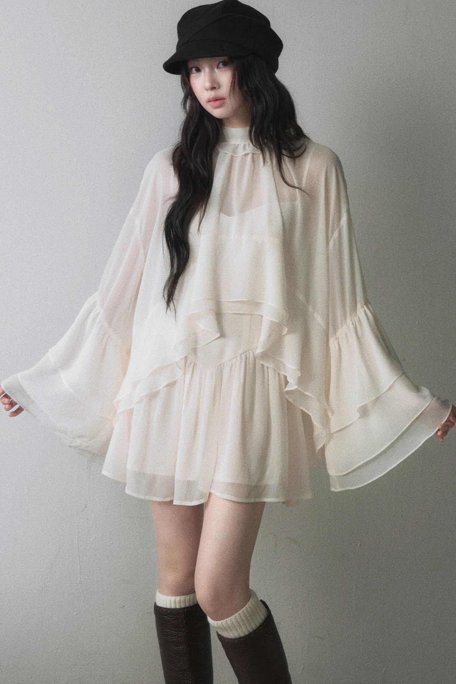 Ruffled Long-Sleeve Blouse and Suspender Dress Set-Up