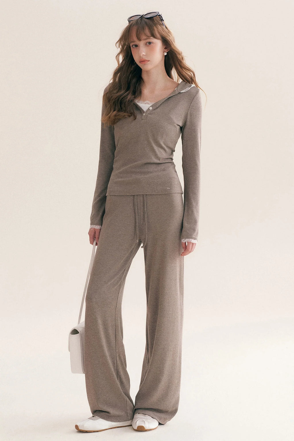 Lace Trim Hooded T-Shirt and Straight Pants Set-Up
