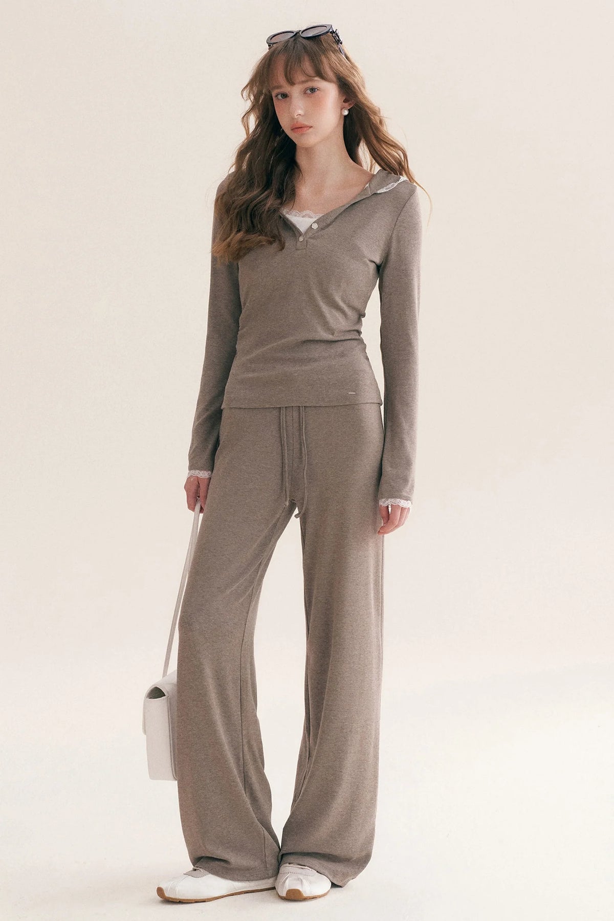 Lace Trim Hooded T-Shirt and Straight Pants Set-Up
