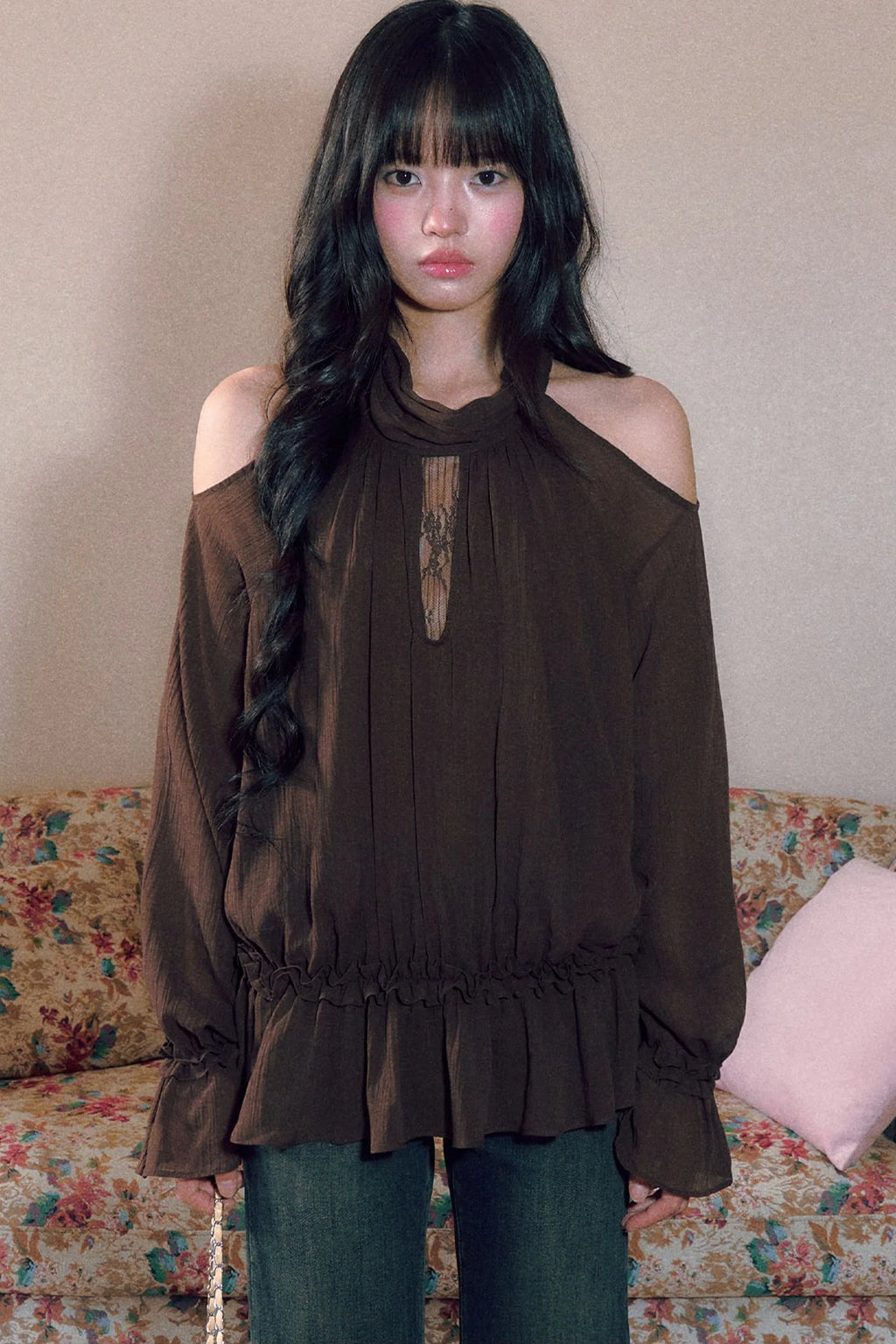 Retro Halterneck Off-Shoulder Ruffle Blouse