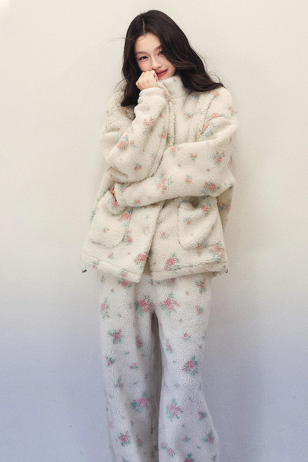 Floral Lamb Wool Jacket and Elastic Waist Wide-Leg Pants Set-Up