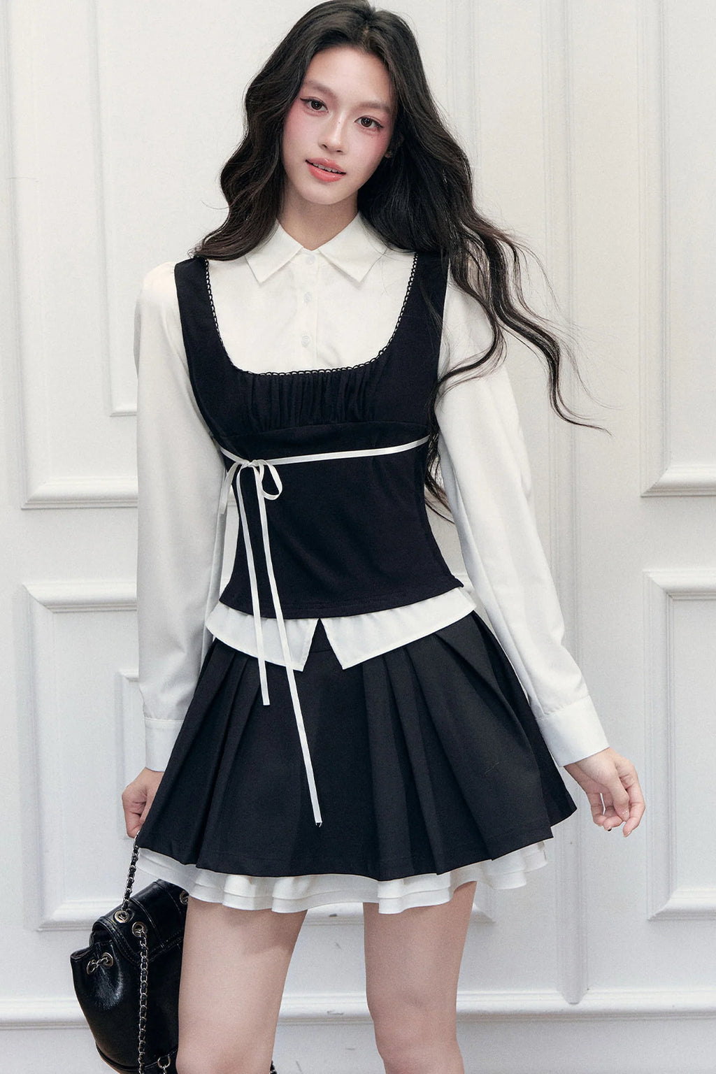 Retro Bow Layered-Look Top and Black Short Skirt Set-Up