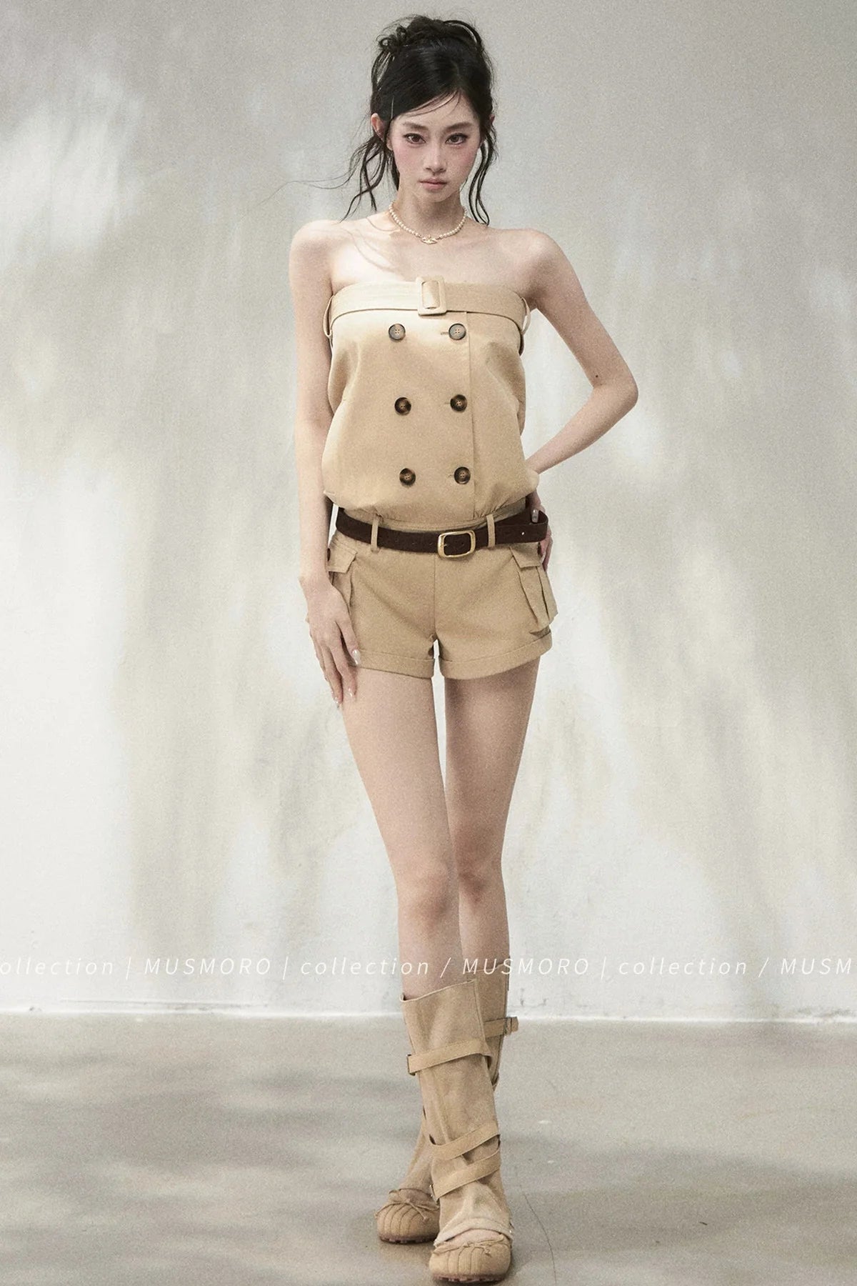 Khaki Double-Breasted Strapless Cargo Jumpsuit