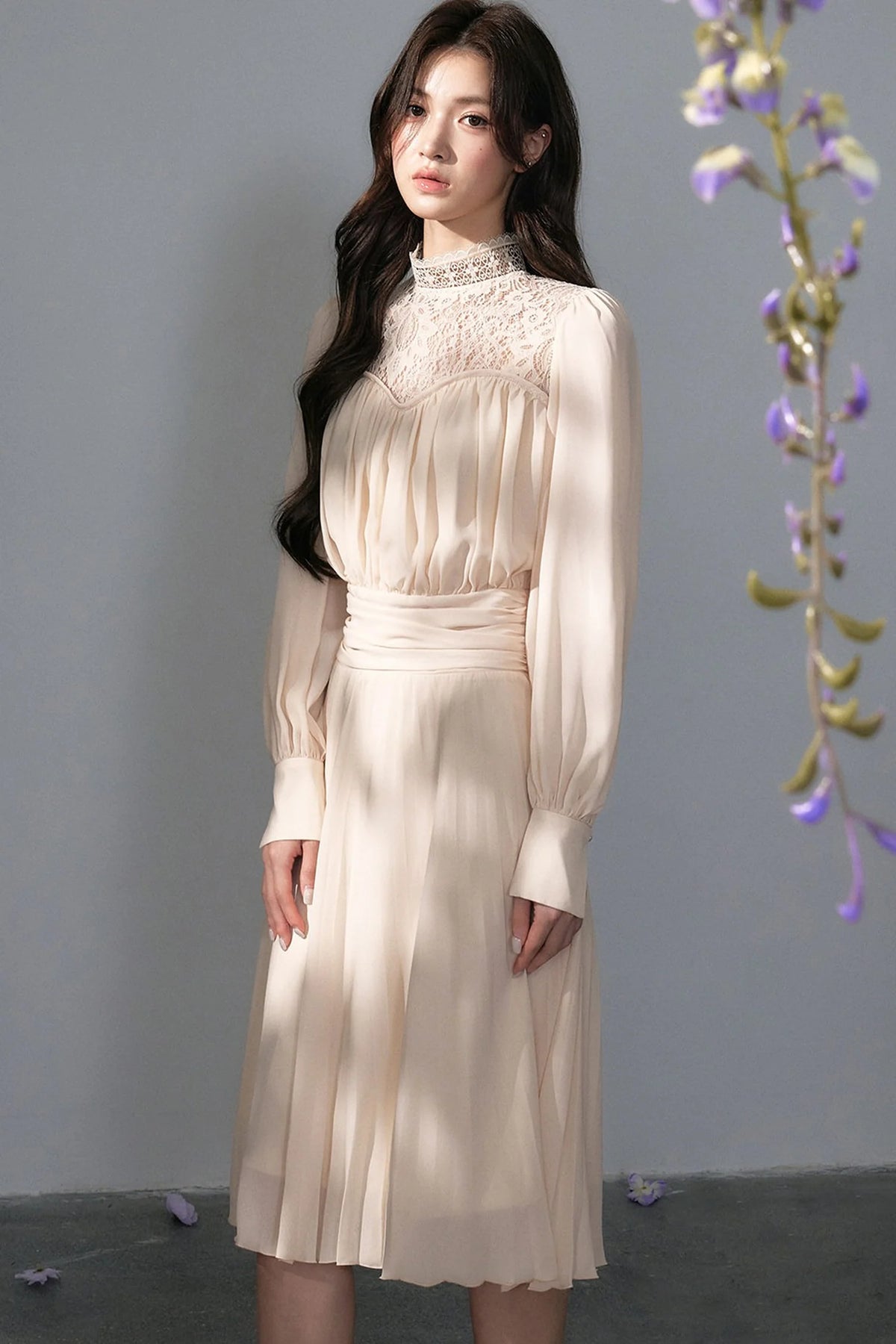 Pleated Lace Mid-Length Dress