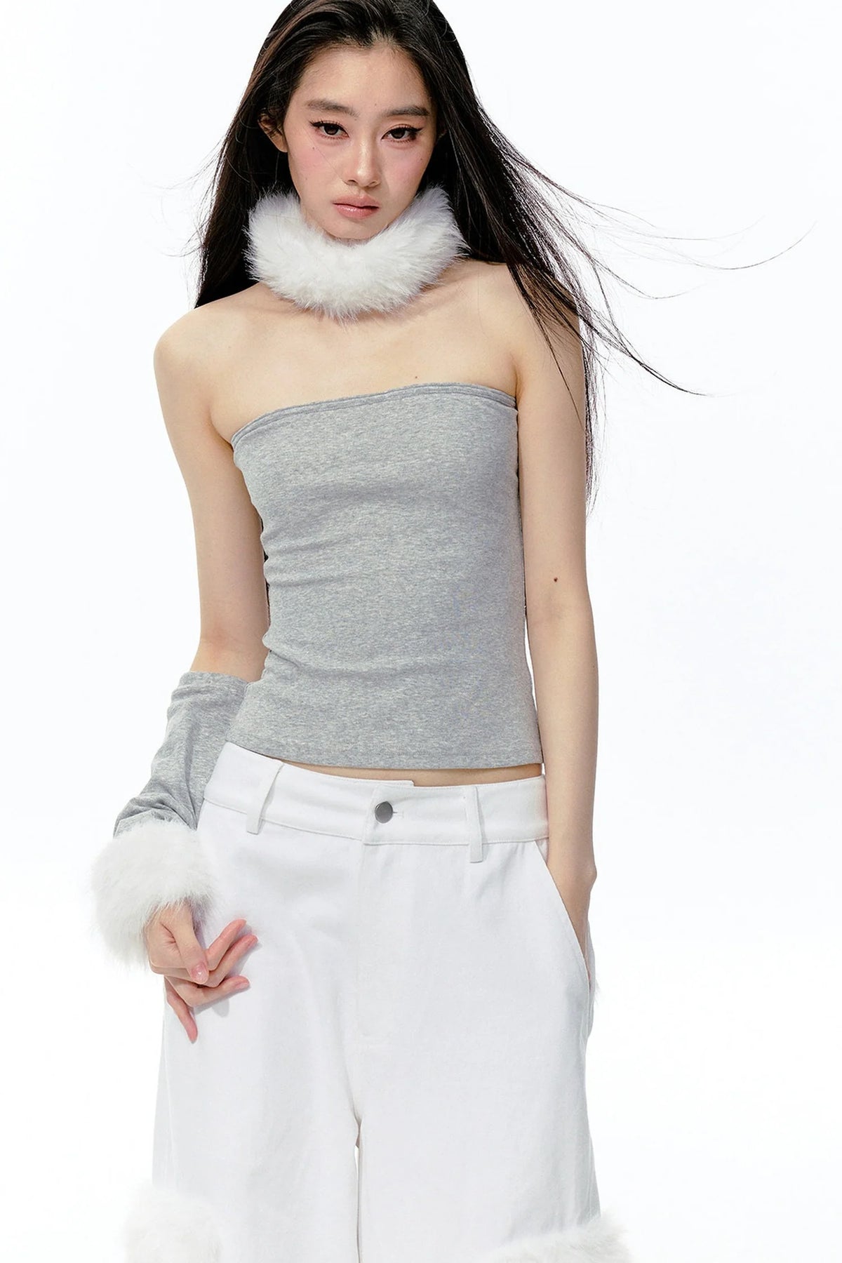 Detachable Fur Collar Knit Tube Top