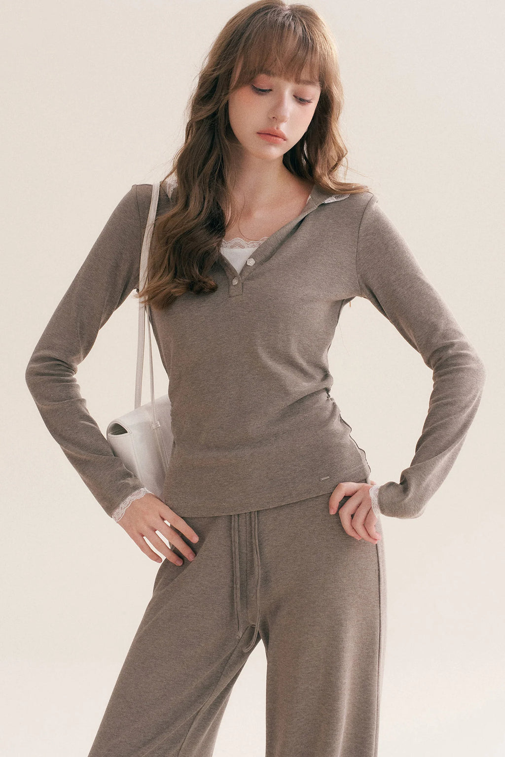 Lace Trim Hooded T-Shirt and Straight Pants Set-Up